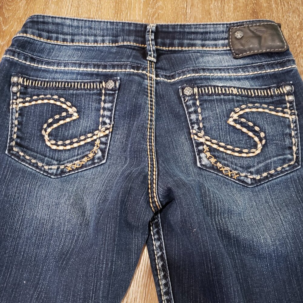 women's dark wash Silver Aiko Bootcut Jeans Sz 27 x 33, western contrast stitch